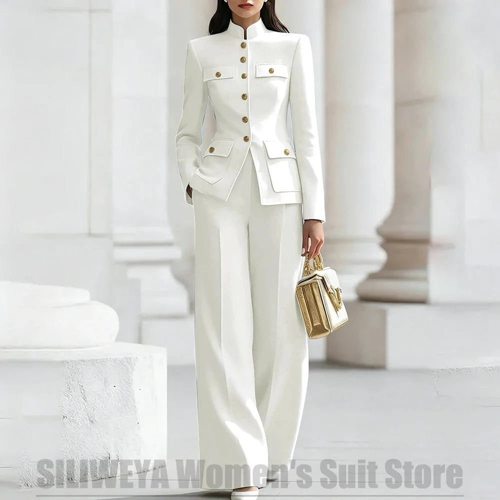Women's Ivory Suit Mandarin Collar 2 Piece Military Style Gold Buttons Blazer Wide Leg Pants Wedding Party Prom Lady Suits