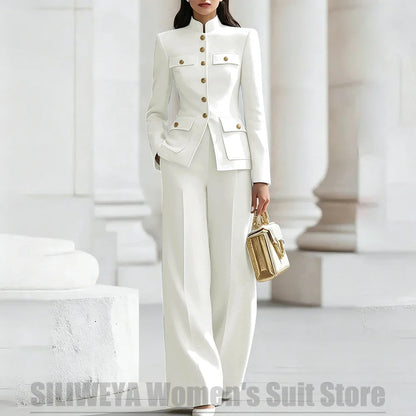 Women's Ivory Suit Mandarin Collar 2 Piece Military Style Gold Buttons Blazer Wide Leg Pants Wedding Party Prom Lady Suits