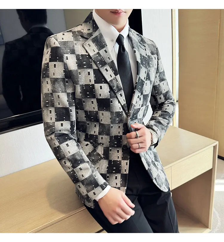 Korean Jacquard Denim Jacket for Men Autumn Winter Casual Business Men Blazers Slim Fit Wedding Social Dress Coat Men Clothing
