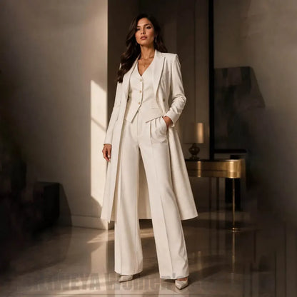 Womens 3 Piece Suit Long Double Breasted Blazer Vest Wide Leg Pants Formal Outfit Wedding Business Interview Party Tuxedo