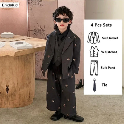 Boys Loose Blazer Jacket Waistcoat Pants Clothes Sets Kids Formal Dress  Suits Casual Child Toddler Party Butterfly Leisure Suit