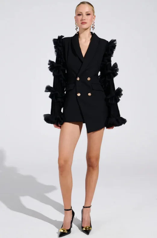 Spring Autumn New Women Blazer Double Breasted Ruffled Long Sleeve Patchwork Slim Fit Elegant Fashion Trendy Jacket HK13405
