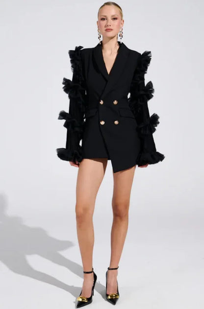Spring Autumn New Women Blazer Double Breasted Ruffled Long Sleeve Patchwork Slim Fit Elegant Fashion Trendy Jacket HK13405