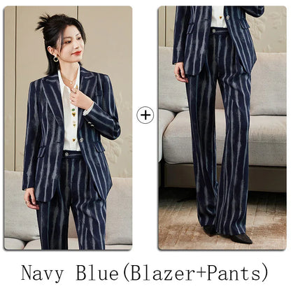 Fashion Autumn Winter Ladies Pant Suit Women Striped Female Business Work Wear Jacket Blazer and Trouser Formal 2 Piece Set