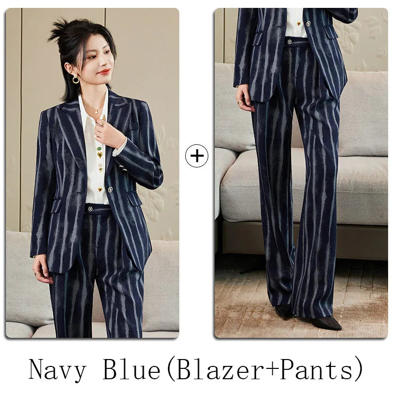 Fashion Autumn Winter Ladies Pant Suit Women Striped Female Business Work Wear Jacket Blazer and Trouser Formal 2 Piece Set