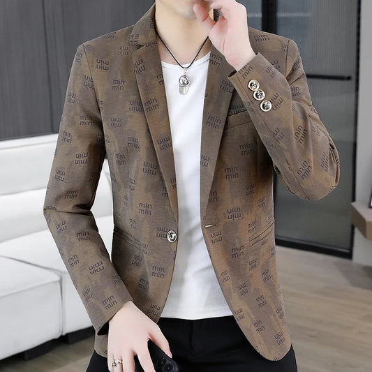 Spring Autumn Men's Fashion Letter Print Slim Fit Casual Single-Breasted Jacket Korean Style Youthwear for Formal Occasions