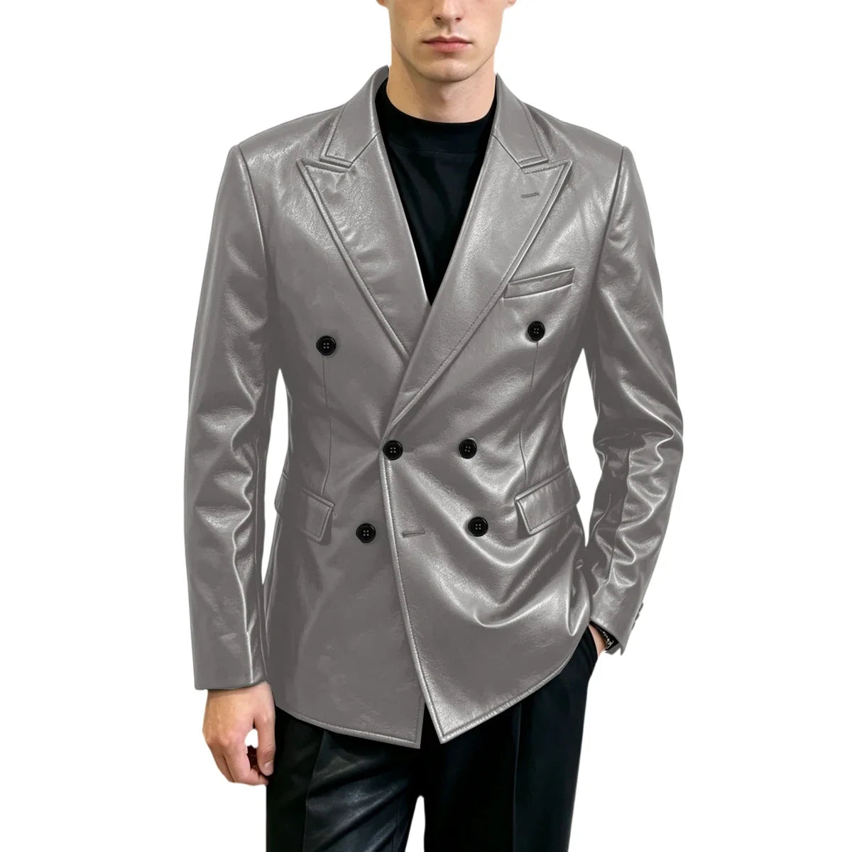 Vintage Men's Brown Leather Blazer Double Breasted Peak Lapel Slim Fit Suit Jacket High Quality Fashion Sport Coat Business Casu