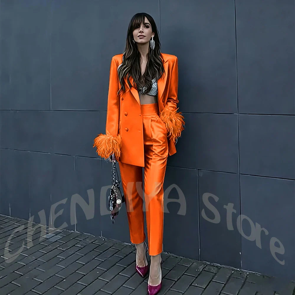 Fuchsia Satin Women's Suit Set Peak Lapel Shiny Glossy Blazer with Feather Elegant Luxury Outfit for Dinner Party Formal Event