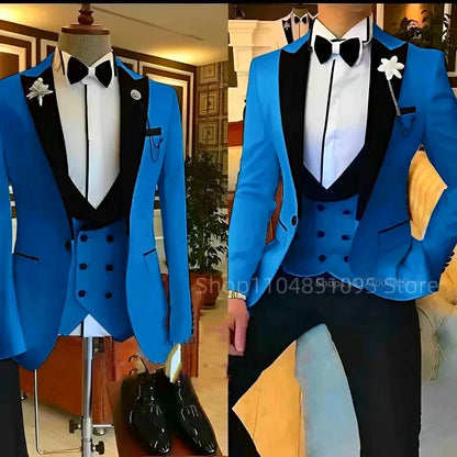Royal blue Classic Solid Lapel 3-Pieces Men's Suit Slim Fit Elegant Blazer Vest Pant Set For Wedding And Business