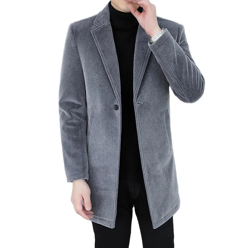 High-quality winter new style mid-length solid color men's fashionable and cool golden mink woolen trench coat with cotton
