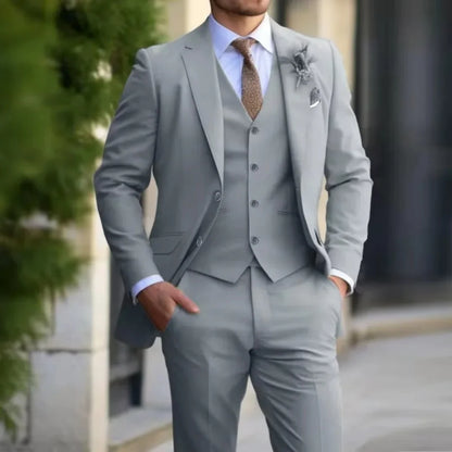 Men's 3-Piece Formal Solid Color Suit Set - Wedding Business Party Dance Classic Occasion Jacket Vest Pants Ensemble