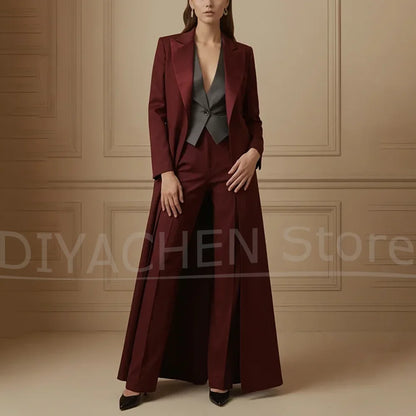 Women's Suit Set Burgundy Long Coat with Gray Vest Wide Leg Pants Chic Peak Lapel Formal Wedding Party Prom Outfit 3 Piece