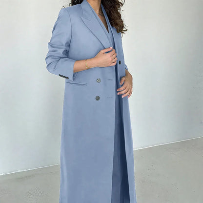 Gray Women Pants Sets 3 Piece Gorgeous Peak Lapel Double Breasted Solid Outfits Fashion Formal X-Long Suits (Blazer+Vest+Pants)