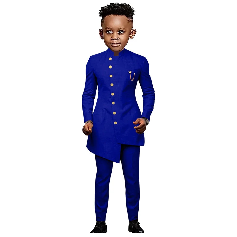 Boys Slim Fit Two-Piece Formal Suit with Gold Buttons – Kids Wedding & Party Tuxedo Set