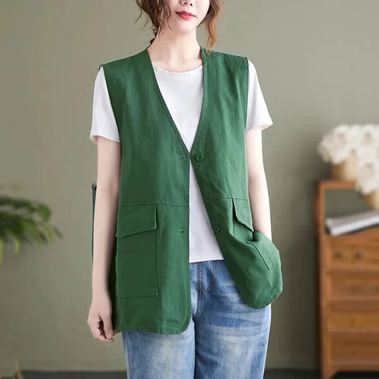 Spring Ladies V-neck Loose Waistcoat Jacket Korean Female Solid Color Vest Tops Korean Women Fashion Thin Casual Sleeveless Coat