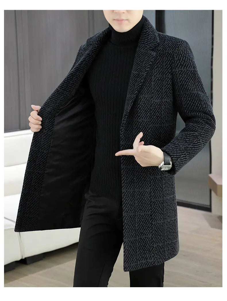 High-quality winter men's fashionable and stylish woolen overcoat, suit collar, mid-length windbreaker, woolen coat