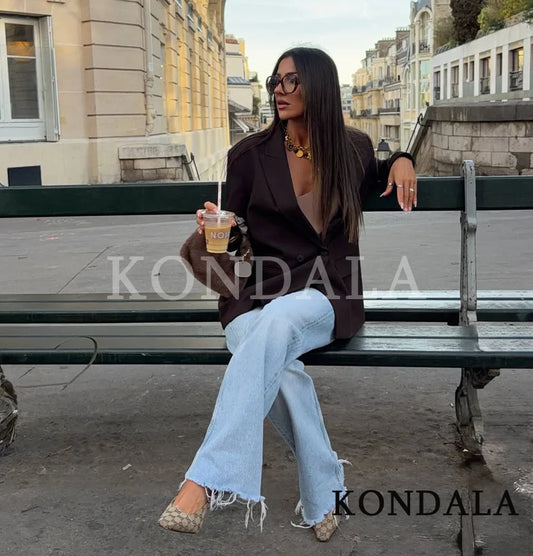 Elegant Commute Double-breasted Blazer Women Vintage Brown Buttons Blazer 2026 Spring Summer Trendy Office Lady Blazer