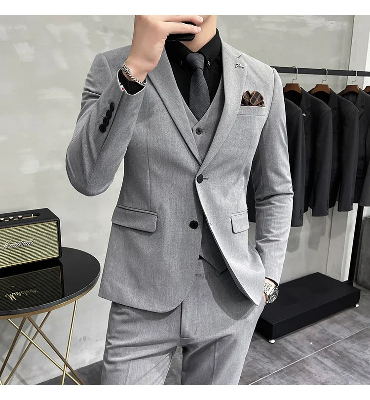 Plus Size S-7XL Man Korean Slim Fit Custom Groom Business Casual Tuxedo Blazers Vest Pant Casual Wedding Social Tuxedo Dress