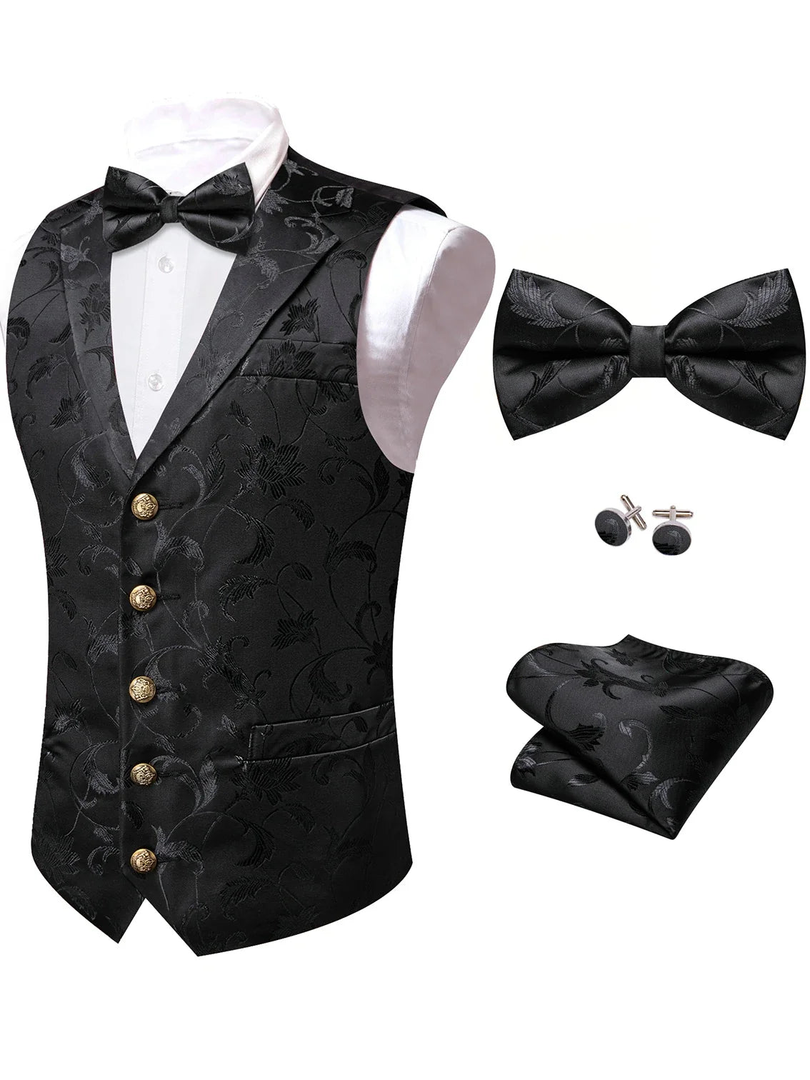 Men's Floral Jacquard Vest Bowtie Set – Pink Wedding Waistcoat for Men