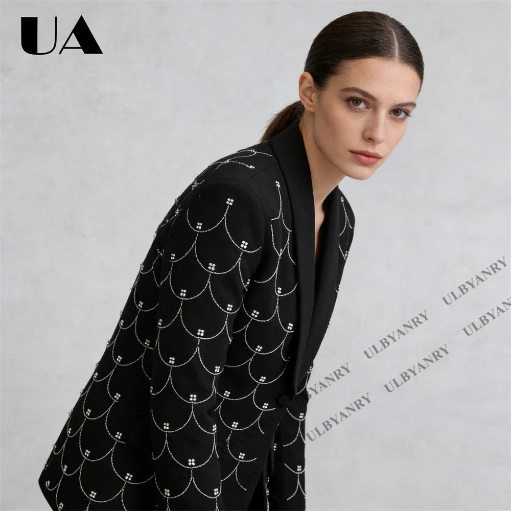 Women's Black Blazer with Silver Fish Scale Sequins, Slim Fit One Button Casual Business Jacket for Party Evening Prom
