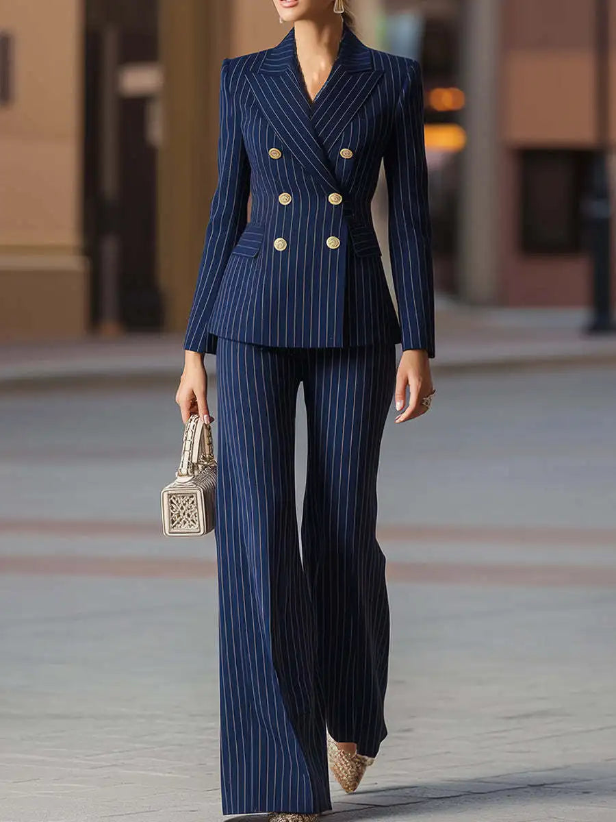 Autumn Pant Suit Women Striped Female Business Work Wear Jacket Blazer Trouser Formal 2 Piece Set Women's Clothing