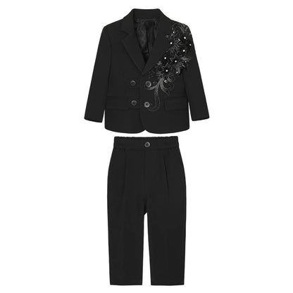 Children's Embroidered Suit Set Flower Boys Wedding Outfit Kids Jacket Vest Pants Tie 4Pieces Birthdy Party Clothes Set