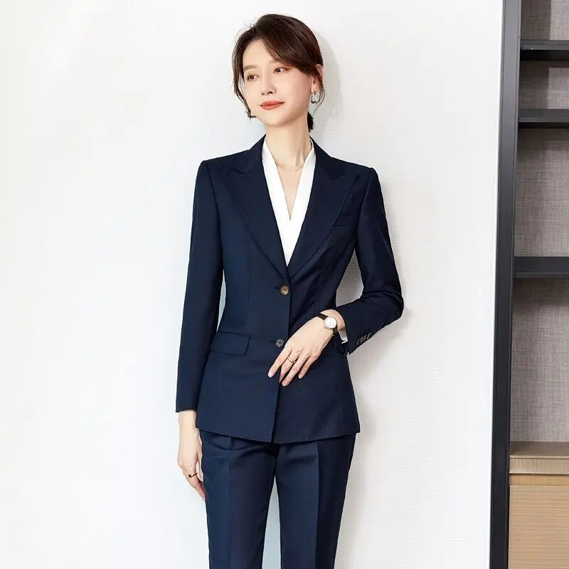 Gray/Navy Blue Women Fashion Long Sleeve Suit Jacket Pants Set Two Piece Set High Quality Temperament Women'S 2 Piece Set