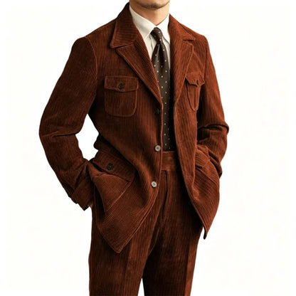 Men's Retro Corduroy 2 Pieces Suit Multi Flap Pockets Safari Blazer Matching Trousers For Formal Daily Party Wedding Business