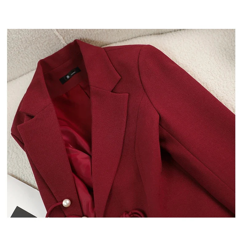 Elegant National Style Buckle Pants Suit  2024 Autumn New Professional Temperament Slim Blazer And Pants Office Ladies Work Wear