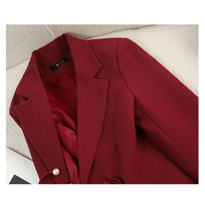 Elegant National Style Buckle Pants Suit  2024 Autumn New Professional Temperament Slim Blazer And Pants Office Ladies Work Wear