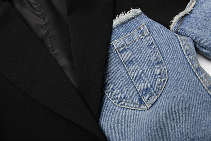 Women Vintage Fashion Blazer Denim Patchwork Jackets 2022 Autumn Winter Irregular Coat Women Long Sleeve Loose Korean Outerwear