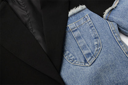 Women Vintage Fashion Blazer Denim Patchwork Jackets 2022 Autumn Winter Irregular Coat Women Long Sleeve Loose Korean Outerwear