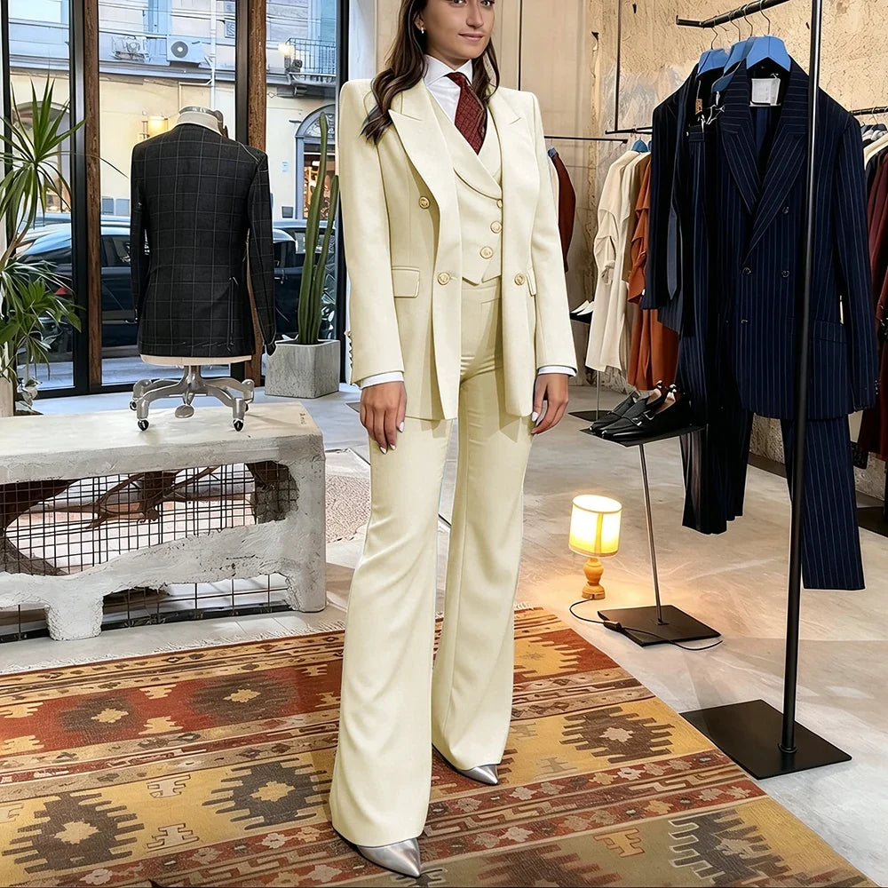 Elegant Women's Pink Double Breasted 3Piece Suit Autumn New Blazer+Vest+Pant Sets Formal Office Evening Party Outerwears