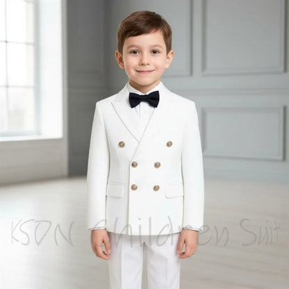 Boys White Suit Double Breasted Peak Lapel Regular Fit Kids Wedding Birthday Party Little Boy Formal Tuxedo Set Jacket Pants