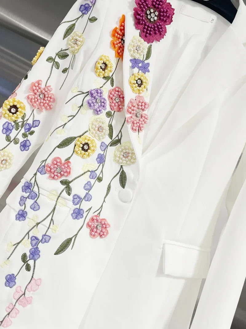 Elegant Women New Autumn Embroidery Floral Blazer Jacket Loose Fit Single Button Work Suit Coat Outwear Fashion Office Ladies