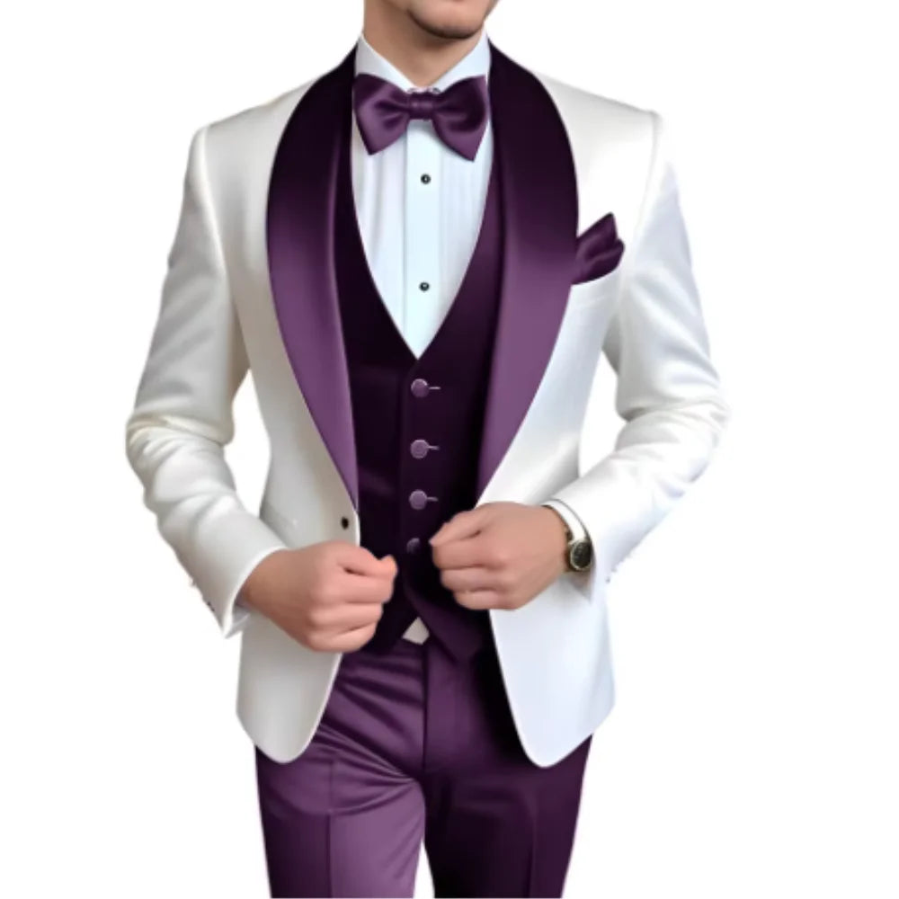 Men's 3-Piece Suit with Scarf Lapel — Single-Breasted Tuxedo for Weddings & Formal Events