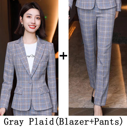 Plaid Women Suits Office Sets 2023 Vintage Long Sleeve Single Button Silm Blazers Chic High Waist Casual Pants Suits