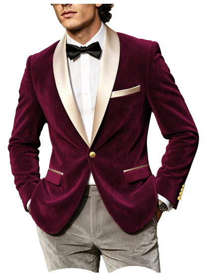 Men Velvet Tuxedo Jacket Champagne Satin Shawl Lapel Slim Fit Blazer Wedding Groom Party Prom Formal Western Dinner Suit Coat