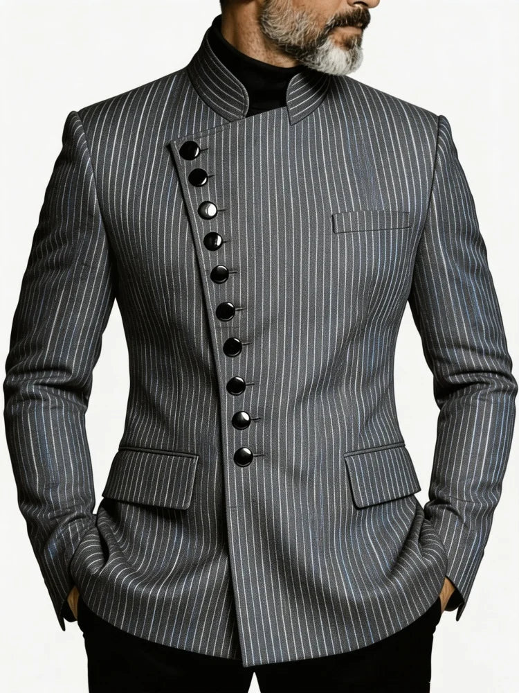 Mens Stand Collar Slim Fit Grey Fine Vertical Striped Formal Office Evening Suit Jacket