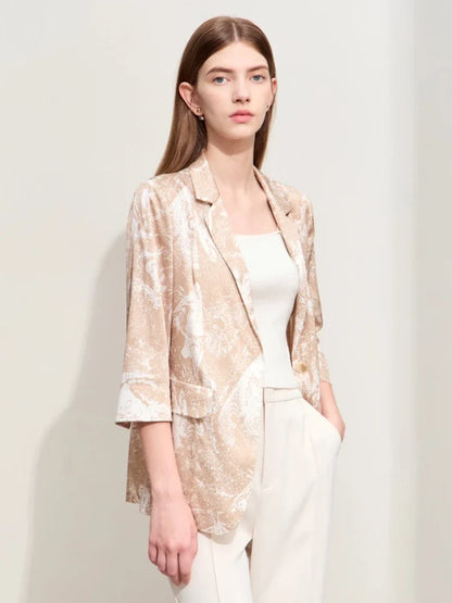 Minimalism Silk Blazers 2026 Summer Notched Printed Basic Fashion Jacket Three Quarter Women Office Lady Blouse 12452146