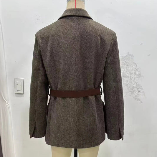 Stylish Herringbone Belted Blazers for Women Long Sleeve Blazer with Lapel Collar and Shoulder Pads Autumn Brown Suits with Belt
