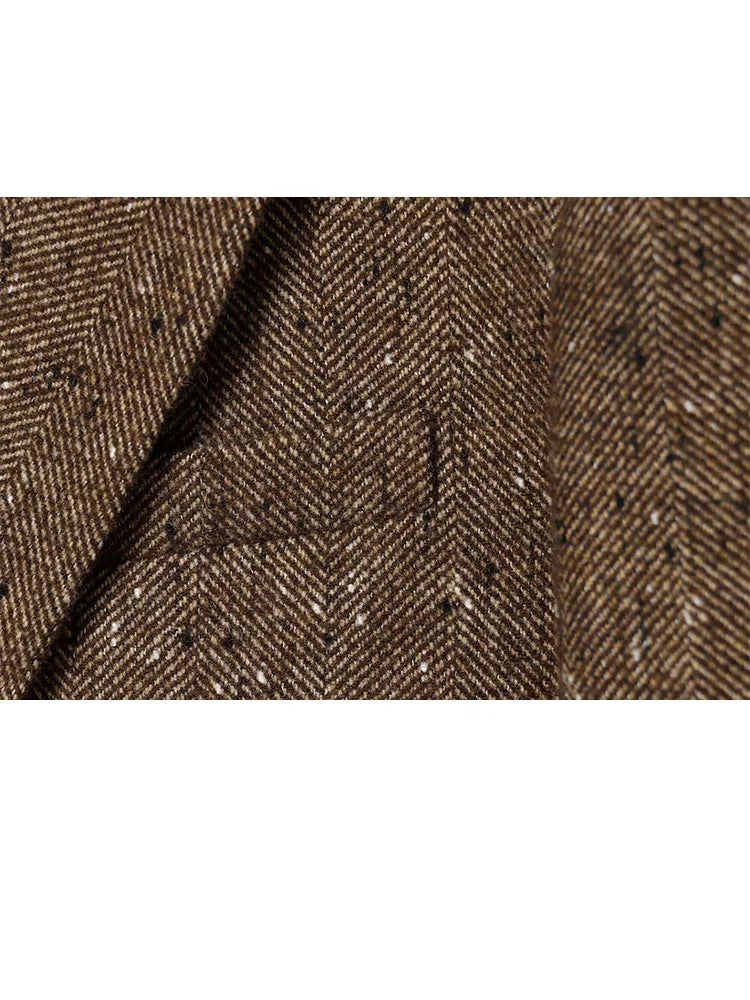 Woman Winter Lapel Pocket Decoration Single Breasted Long Sleeves Herringbone Twill Blazer Female Leisure Street Style Coat
