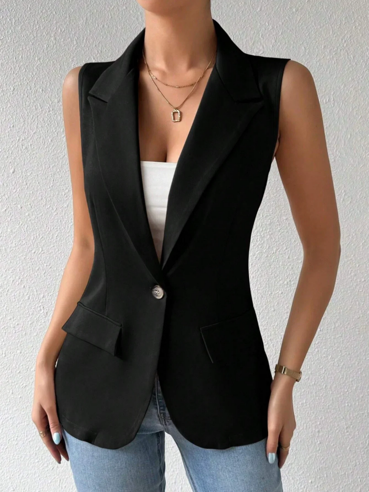 Women's Chic Sleeveless Blazer Vest - Casual Office Work Waistcoat Elegant Lapel Collar Sleeveless Blazer