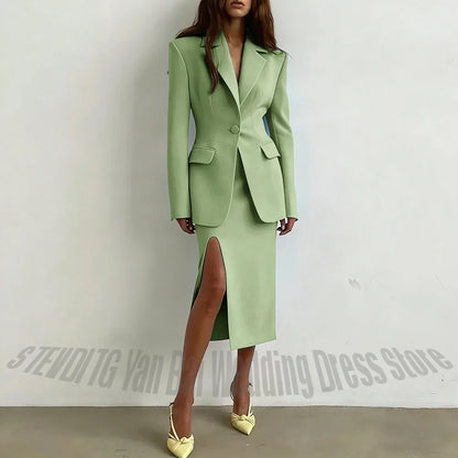 Notched Lapel Women Suit 2 Pieces Solid Color Stylish Single Button Side Slit Elegant Luxury Female Outfit(Jacket+Skirt)