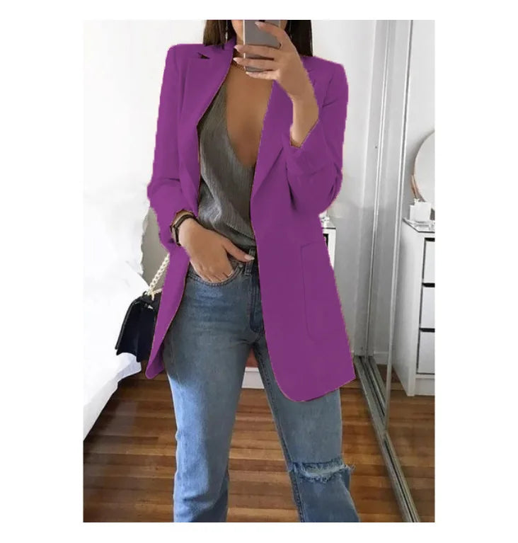 Women's Casual Blazer Notched Lapel Long Sleeve Open Jacket with Pockets Slim Fit Spring Autumn Office Lady Streetwear Coat