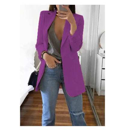 Women's Casual Blazer Notched Lapel Long Sleeve Open Jacket with Pockets Slim Fit Spring Autumn Office Lady Streetwear Coat