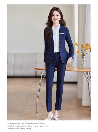 2024 Spring Autumn New Retro Plaid Elegant Blazer Coat And High Waist Pencil Pant Two Piece Set Women's Suit Business Clothing