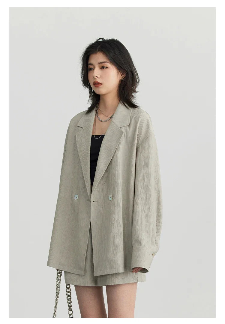 Women's Blazer Solid Casual Long Sleeve Jacket Texture Thin Suit Coat Shorts Office Lady Tops 2023 Summer New Fashion