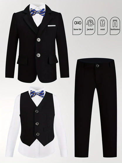 Boys Pink Spring 4Pieces/Set Blazer Vest Pants Bowtie Wedding Dress Kids Formal Photography Suit Children Performance Costume