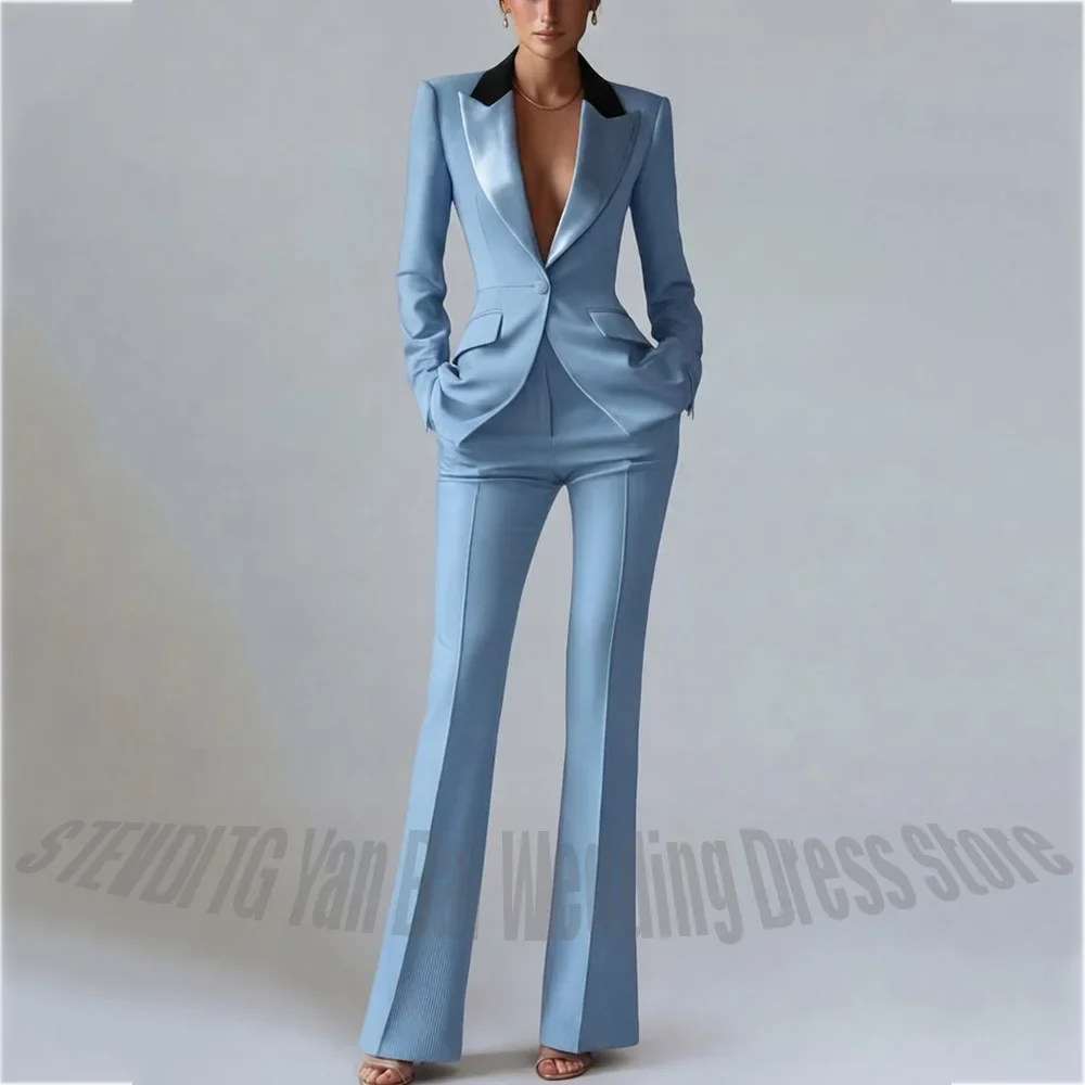 Professional Women Suit Tailoring Set 2 Piece Slim Fit Single Button Satin Lapel Formal Outfit for Office Work Business Event